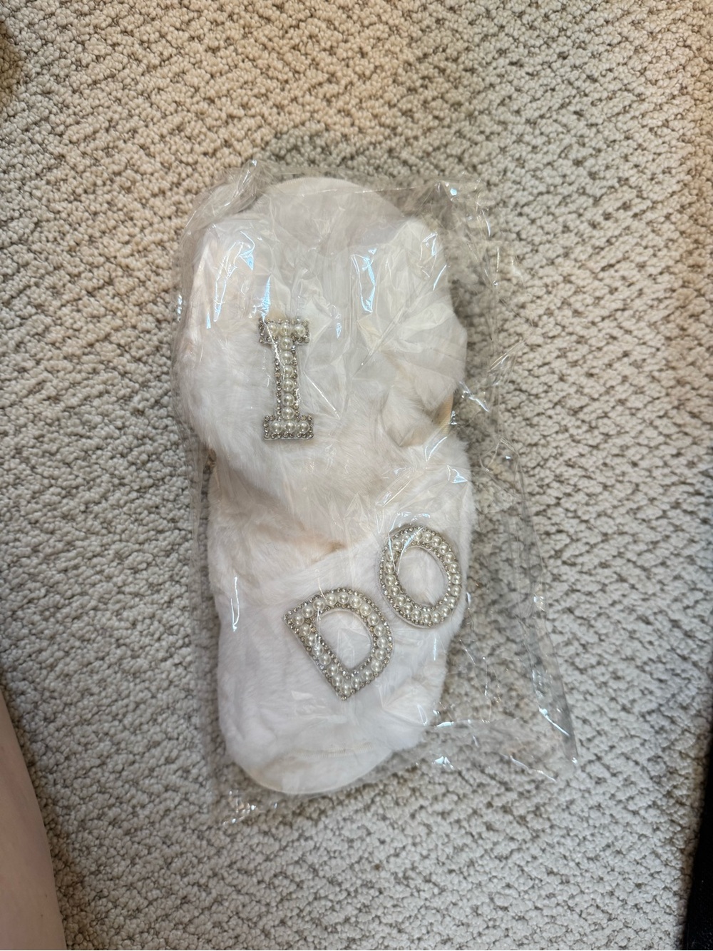 White Faux Fur 'I DO' Bridal Slippers with Crystal Letters